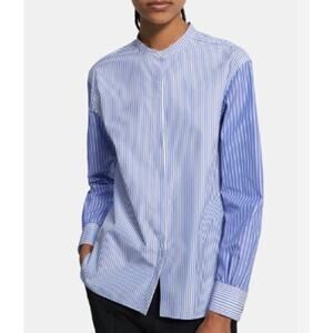 Theory Project Women's Blue White Striped Cotton Band Collar Shirt Size S